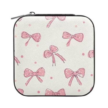 Imagem de SEHANY Caixa de joias personalizada com laço rosa para mulheres, meninas, mini estojo de joias de couro PU, organizador de joias de viagem, caixa de joias para brincos, anéis, colares, presentes para