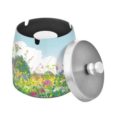 Imagem de Blueangle Cinzeiro de flores silvestres de verão com tampa para cigarros, à prova de vento/chuva, aço inoxidável, sem fumaça, inodoro, cinzeiro para uso interno ou externo (309)