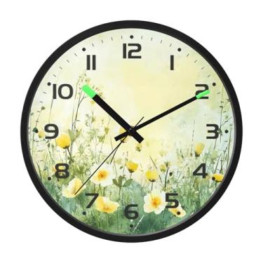 Imagem de SEHANY Relógio de parede com flores de ervas verdes, silencioso, sem tique-taque, relógio redondo operado por bateria, controle de som, luz noturna, relógios de parede para sala de estar, cozinha