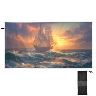 Imagem de ATTX Toalha de praia de pintura a óleo para navio à vela 79 x 188 cm - Cobertor de microfibra leve de secagem rápida e resistente à areia para piscina, ioga, academia e viagens | Esportes de banho de