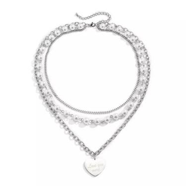 Imagem de Colar Corrente Gargantilha Prateado 3 peças Pérola Coração Love You Mo