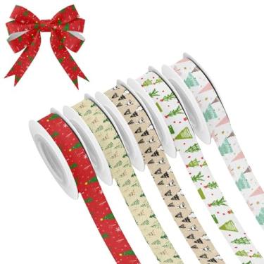Imagem de SEHANY 5 rolos de fita de Natal 0,59 polegadas 5 jardas fitas de tecido de árvore de Natal fitas de cetim festivas fitas decorativas de Natal para embrulho de presente faça você mesmo artesanato
