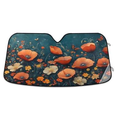 Imagem de ATTX Para-brisa de carro floral vermelho 144.8 cm x 80.0 cm Escudo solar universal com proteção UV, persiana de janela frontal automática dobrável para caminhões Sedans SUVs #41