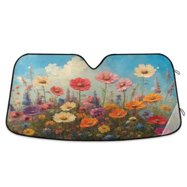 Imagem de ATTX Flores silvestres pintura a óleo pára-brisa carro 134.6 cm x 59.7 cm escudo solar universal com proteção UV, persiana de janela frontal automática dobrável para sedãs SUVs caminhões #354