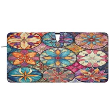 Imagem de Blueangle Para-brisa de azulejo têxtil oriental colorido - 149.9 cm x 76.2 cm dobrável carro janela frontal blocos para-sol raios UV viseira de sol (461)