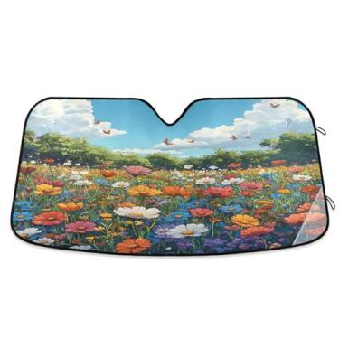 Imagem de ATTX Pára-brisas de carro colorido flores silvestres prado para-sol 144.8 cm x 80.0 cm protetor solar universal com proteção UV, persiana de janela frontal automática dobrável para Sedans SUVs