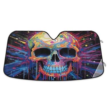 Imagem de ATTX Para-brisa de carro crânio colorido 139.7 cm x 70.1 cm escudo solar universal com proteção UV, persiana de janela frontal automática dobrável para caminhões Sedans SUVs #363
