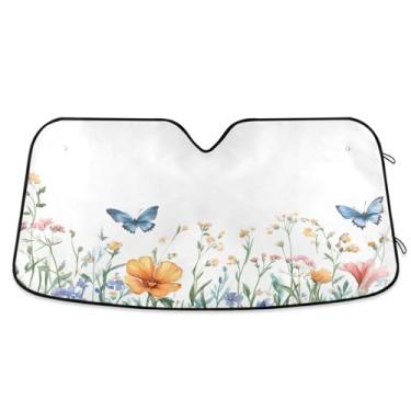 Imagem de ATTX Flores silvestres e borboletas pára-brisas de carro 134.6 cm x 59.7 cm Protetor solar universal com proteção UV, persiana de janela frontal automática dobrável para caminhões Sedans SUVs #670