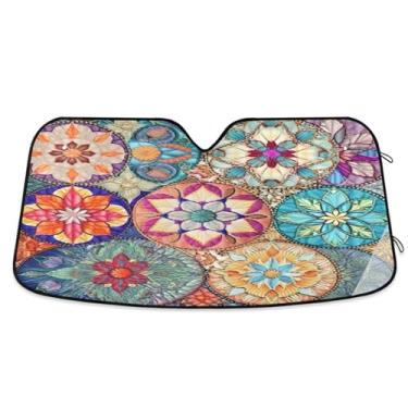 Imagem de ATTX Para-brisa de carro com azulejo têxtil oriental colorido 139.7 cm x 70.1 cm Protetor solar universal com proteção UV, persiana de janela frontal automática dobrável para caminhões Sedans SUVs