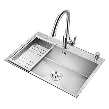 Imagem de HGTRH Lava-louça cozinha 1 seio INOX, lava-louça debaixo bancada, 72 x 45, com escorredor de cozinha, lava-louças cozinha pequeno sobre bancada ou incrustado com escorredor e dispensador