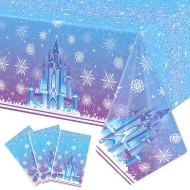 Imagem de Gretion 3 toalhas de mesa de inverno, toalha de mesa retangular PE floco de neve de 137 x 274 cm, azul, roxo, impermeável, castelo do país das maravilhas de inverno, para decoração de Natal e