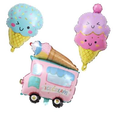 Imagem de Pacote com 3 balões de sorvete para decorações de festa de aniversário, suprimentos de chá de bebê, tema de sobremesa Luau de verão, decoração de pano de fundo de foto (caminhão rosa, colher dupla