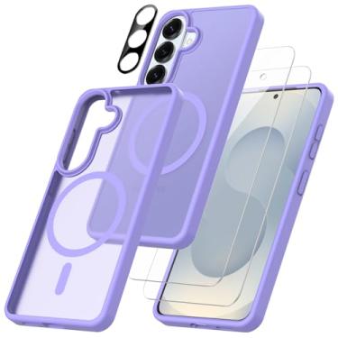 Imagem de Capa magnética para Samsung Galaxy S26 5G com 2 protetores de tela de vidro temperado com 1 protetor de lente de câmera fosco translúcido à prova de choque (roxo)