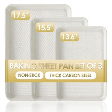 Imagem de Conjunto de 3 assadeiras antiaderentes de aço carbono com textura, formas comerciais de rolo, torradeira de substituição para forno, resistente e fácil de limpar, branco