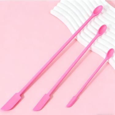 Imagem de Conjunto de mini espátulas de silicone, 3 peças de diferentes tamanhos, colher de silicone pequena para tirar o molho, creme, loção, misturar cosméticos, espátula e colher de dois lados para cuidados