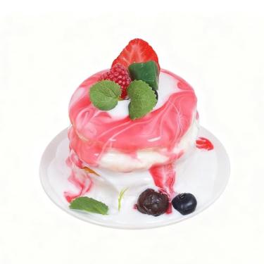 Imagem de Xiuhusha Bolo falso sobremesa bolo suflê artificial com geleia de morango, cupcake falso, modelo de comida falsa, suflê de camada dupla realista para decoração de exibição de fotografia adereços