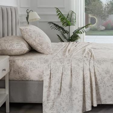 Imagem de Puralens Jogo de lençol Queen de percal floral bege, 4 peças, vintage, luxuoso, com estampa de flor, lençol de cama com bolso profundo, macio, 100% algodão, aconchegante, para casa de banho, roupa de