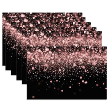 Imagem de Jogo americano de mesa, conjunto de 6 jogos americanos de pano com glitter rosa, tapetes de mesa pretos resistentes ao calor para decoração de cozinha e sala de jantar, tapetes de tecido