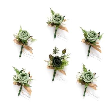 Imagem de Ling's Moment Boutonniere verde esmeralda para casamento masculino (conjunto de 6), sininho verde noivo padrinho flor na lapela com alfinetes para casamento, baile, cerimônia, aniversário, formatura,