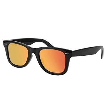 Imagem de Óculos de sol masculino feminino retrô para dirigir, lentes espelhadas coloridas para uso ao ar livre, Armação preta brilhante | Lente espelhada vermelha