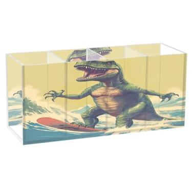Imagem de Qilmy Porta-canetas de acrílico de dinossauro de desenho animado, 3 compartimentos, porta-lápis transparentes para mesa, organizador de pincéis de maquiagem, copo organizador de lápis para escritório