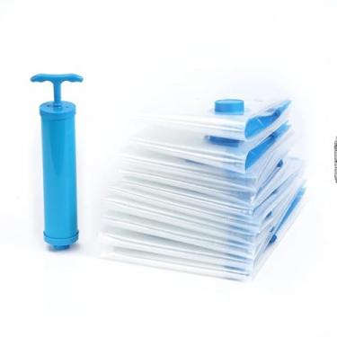 Imagem de Kit 5 Sacos a Vácuo com Bomba de Ar Manual, Plástico Resistente, Tamanhos Variados (60x80cm, 50x70cm, 80x100cm), para Organização de Roupas