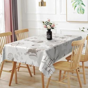 Imagem de TTQYFNM Toalha de mesa retangular náutica costeira 137 x 218 cm, vintage, veleiro, bússola, âncora, conchas, toalha de mesa, tecido impermeável, para cozinha, sala de jantar, decoração de festa