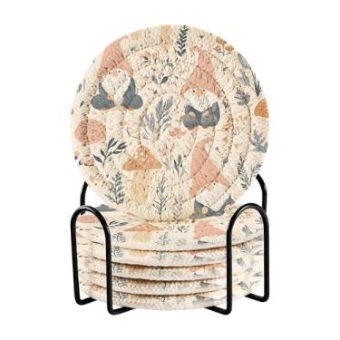 Imagem de SEHANY Conjunto de 6 porta-copos de cogumelos florestais com suporte, porta-copos redondos absorventes de algodão resistente ao calor para mesa de jantar, canecas de café, 10 cm