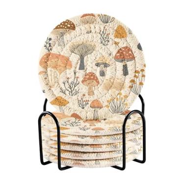Imagem de SEHANY Conjunto de 6 porta-copos de cogumelos florestais com suporte, porta-copos redondos absorventes de algodão resistente ao calor para mesa de jantar, canecas de café, 10 cm