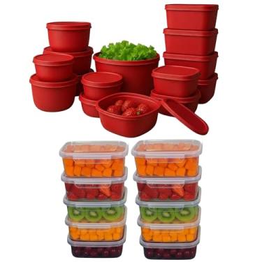 Imagem de Kit 25 Potes com Tampa plásticos herméticos travas laterais grandes fechamento formato retangular empilhável fácil organização de mantimentos uso em freezer e micro-ondas limpeza prática (Vermelho)