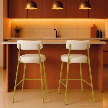 Imagem de Banqueta Cozinha Alta Com Encosto Industrial Dourado Kit 2 Londres Pu D03 - D`rossi Branco