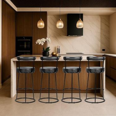 Imagem de Banqueta Alta Cozinha 70cm Encosto Industrial Aço Kit 4 Ziria Pu S02 - D`rossi Preto