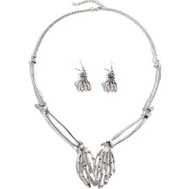 Imagem de Colar gargantilha punk gótica articulada mão punk conjunto de brincos para mulheres homens vintage prata antiga esqueleto osso garra pingente de palma hip hop colar rock jóias halloween fantasia festa