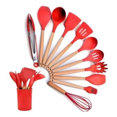 Imagem de Kit Utensílios de Cozinha Silicone e Bambu 12 Peças Antiaderente Resistente ao Calor – Colher, Espátula, Concha e Pincel Gourmet(Vermelho)