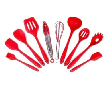 Imagem de Kit 10 Utensílios de Cozinha Silicone Resistente ao Calor | Espátula, Colher, Concha e Pegadores Sem BPA(vermelho)