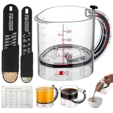 Imagem de Saysurey Conjunto de copos medidores ajustáveis 4 em 1 com base de vedação estilo raspador, colher de medição ajustável, tabela de conversão, economia de espaço, fácil de limpar para assar e cozinhar