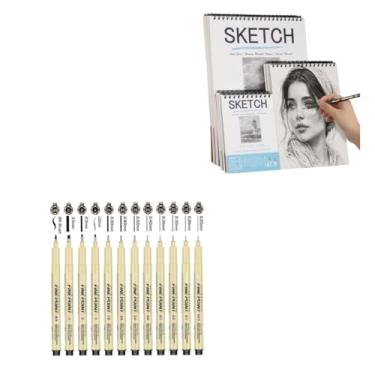 Imagem de Kit Desenho Artístico Profissional 01 Caderno Sketchbook A4 e 12 Canetas Nanquim Profissional Brush Letter Desenho Artístico Mangá Caligrafia (A4)