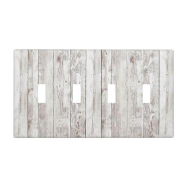 Imagem de Tulpock Capa de interruptor de luz de cabine de madeira branca e cinza rústica decorativa casa de fazenda cinza de madeira 4 Gang Quad Toggle Placa de parede Switchpalte tomada elétrica para banheiro