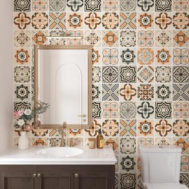 Imagem de Wallderful Papel de parede Boho papel de parede de contato de cozinha à prova d'água descascar e colar Backsplash papel de parede laranja autoadesivo azulejo geométrico removível papel de parede