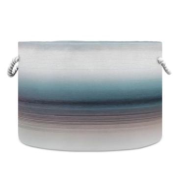 Imagem de JUZIHAI Cesta de armazenamento dobrável com linhas gradientes, cesto de roupa suja para bebê, cobertor com alças de corda de algodão, caixa organizadora de armário dobrável para quarto, berçário, casa