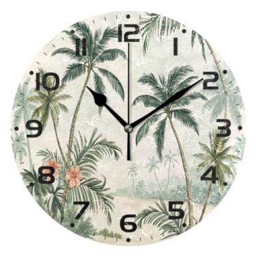Imagem de JUZIHAI Relógio de parede vintage tropical com palmeiras silencioso, sem tique-taque, redondo, operado por bateria, fácil de ler, relógio decorativo de parede para casa, cozinha, sala de estar, quarto