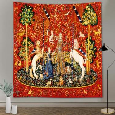 Imagem de FEASRT Tapeçaria de princesa medieval donzela e unicórnio - tapeçaria real europeia, flanela macia de 102 x 76 cm, para sala de estar, decoração histórica real