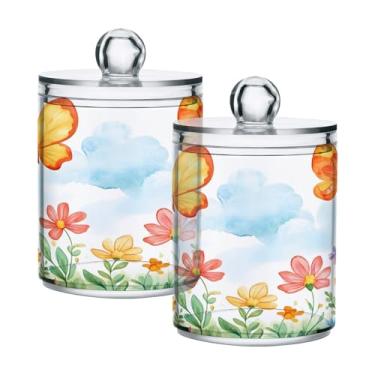 Imagem de JUZIHAI Pote de boticário de plástico transparente para flores silvestres e borboletas com tampa, organizador de banheiro, recipientes de armazenamento de maquiagem para bola de algodão, cotonete, fio