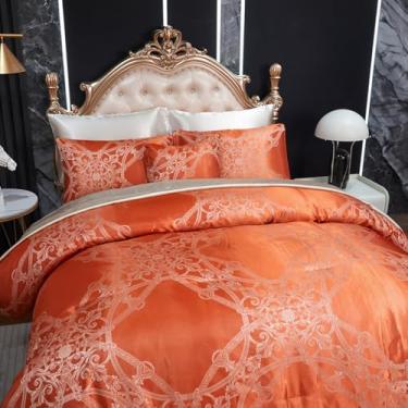 Imagem de Jogo de cama queen jacquard bege, laranja, 8 peças, bordado, neoclássico, floral, elegante, decoração de casa, edredom macio, cama sedosa de hotel de luxo em uma bolsa com 1 capa de almofada
