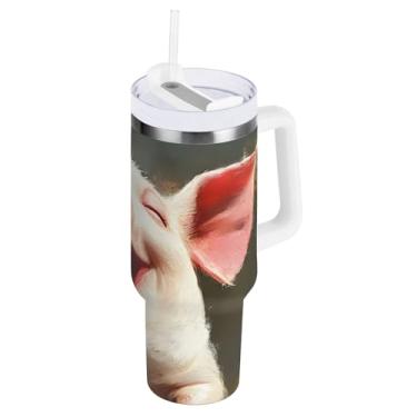 Imagem de ODAWA Copo grande isolado Happy Pig com canudo e alça, copo de aço inoxidável com tampa 2 em 1