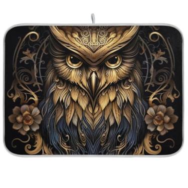 Imagem de Tapete de secagem de louça, tapete de café dourado de coruja reversível para escorredor de pratos para decoração de bancada de cozinha 45 x 61 cm