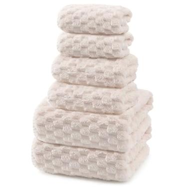 Imagem de Tcbelosion Conjunto de toalhas de 6 peças com 2 toalhas de banho (28 x 55 polegadas), 2 toalhas de mão (35 x 76 cm) e 2 toalhas de cabelo (25 x 66 cm), macias e respiráveis para uso diário (6, bege)