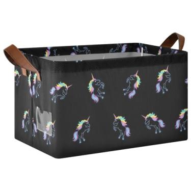 Imagem de Caixas organizadoras de unicórnios arco-íris pretos com 2 alças, 40 x 29 x 25 cm, organizador de suéter grande para armário para armazenamento doméstico e organização, 1 pacote