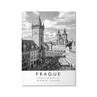 Imagem de Pôster de viagem preto e branco impressão de paisagem da cidade do mundo pintura em tela Praga Wall Art Picture Decoração de casa (16 x 24 polegadas (40 x 60 cm), sem moldura)