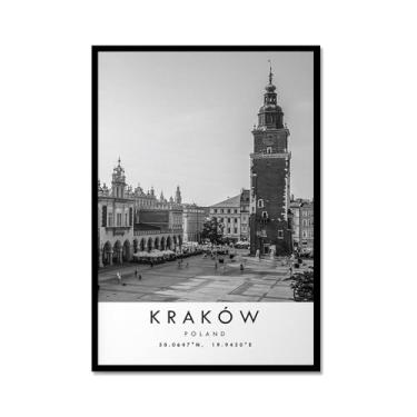 Imagem de Pôster de viagem preto e branco impressão paisagem da cidade do mundo pintura em tela Cracóvia imagem de arte de parede decoração de casa (16 x 24 polegadas (40 x 60 cm), moldura de metal)